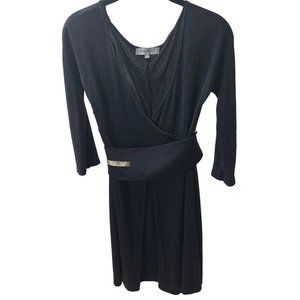 Sportmax Black Dress Matching Wrap Belt with Gold String V-neck knee pleat vents